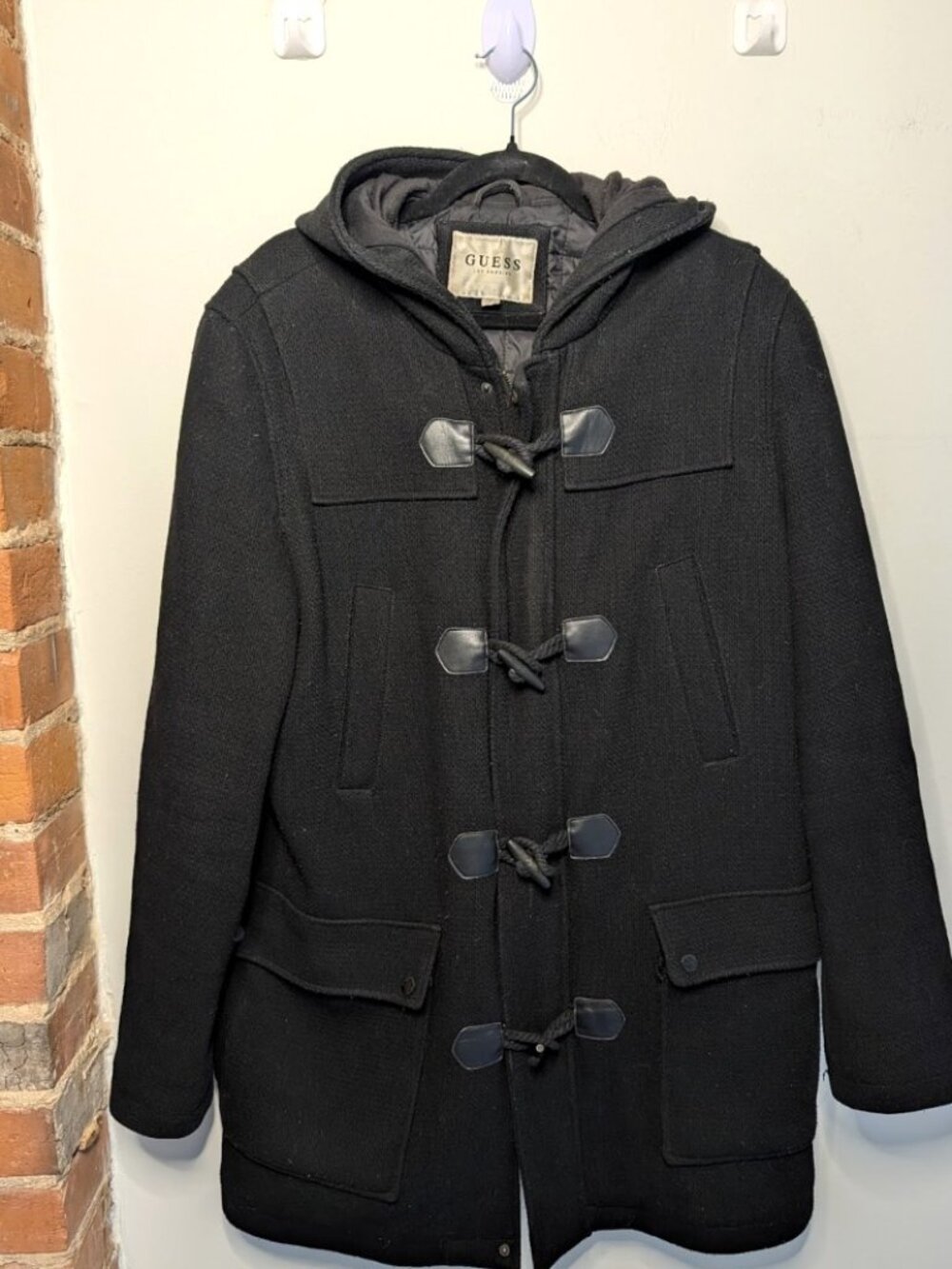GUESS Black Wool Blend Hooded Duffle Coat Toggle Buttons Size L